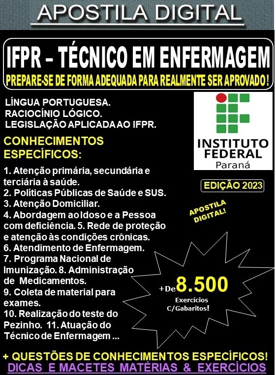Apostila IFPR - TÉCNICO em ENFERMAGEM  - Teoria + 8.500 Exercícios - Concurso 2023