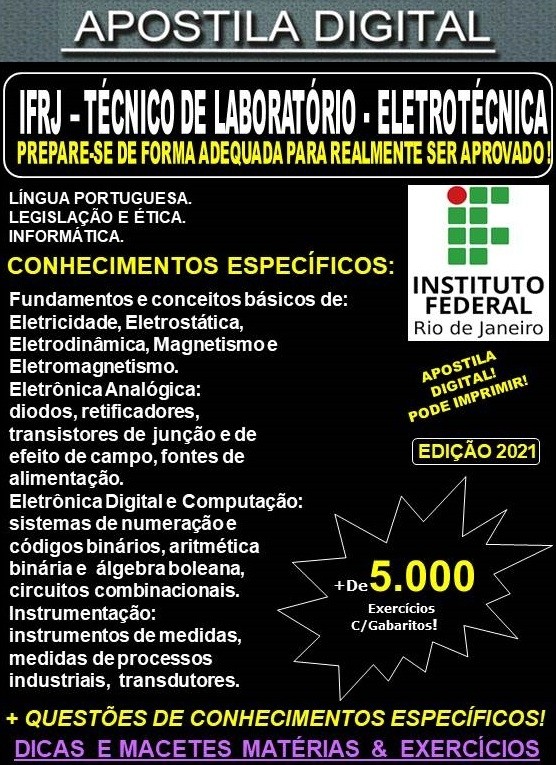 Apostila IFRJ - TÉCNICO de LABORATÓRIO / Área: ELETROTÉCNICA - Teoria + 5.000 Exercícios - Concurso 2021