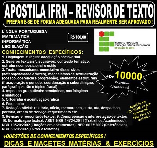 Apostila IFRN - REVISOR de TEXTO - Teoria + 10.000 Exercícios - Concurso 2017