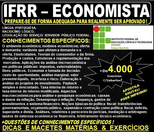 Apostila IFRR - ECONOMISTA - Teoria + 4.000 Exercícios - Concurso 2019