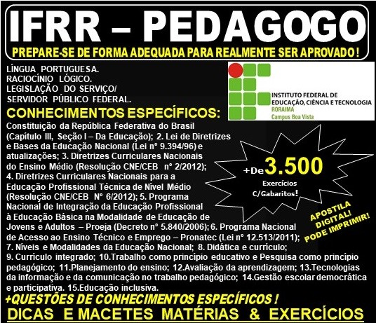 Apostila IFRR - PEDAGOGO - Teoria + 3.500 Exercícios - Concurso 2019