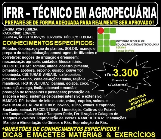 Apostila IFRR - TÉCNICO em AGROPECUÁRIA - Teoria + 3.300 Exercícios - Concurso 2019