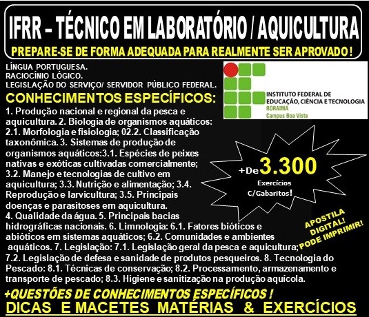 Apostila IFRR - TÉCNICO em LABORATÓRIO / AQUICULTURA - Teoria + 3.300 Exercícios - Concurso 2019