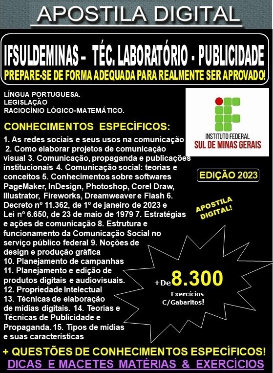 Apostila IFSULDEMINAS - TÉCNICO de LABORATÓRIO - PUBLICIDADE - Teoria + 8.300 Exercícios - Concurso 2023