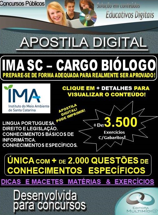 Apostila IMA SC - Cargo BIÓLOGO - Teoria + 3.500 exercícios - Concurso 2019