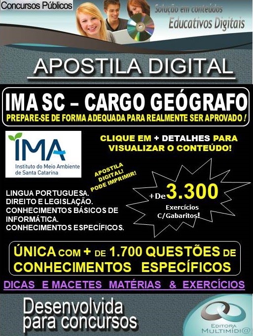 Apostila IMA SC - Cargo GEÓGRAFO - Teoria + 3.300 exercícios - Concurso 2019