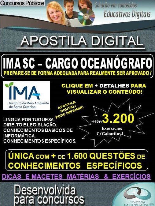 Apostila IMA SC - Cargo OCEANÓGRAFO - Teoria + 3.200 exercícios - Concurso 2019