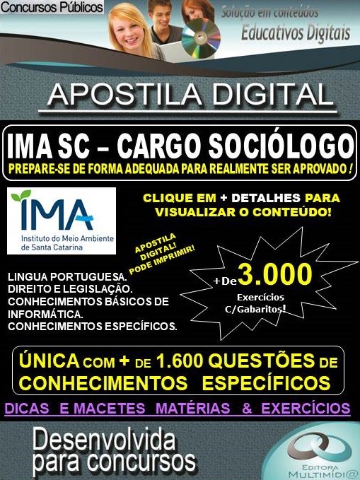 Apostila IMA SC - Cargo SOCIÓLOGO - Teoria + 3.000 exercícios - Concurso 2019