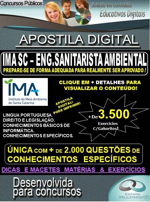 Apostila IMA SC - Cargo ENGENHEIRO SANITARISTA AMBIENTAL - Teoria + 3.500 exercícios - Concurso 2019