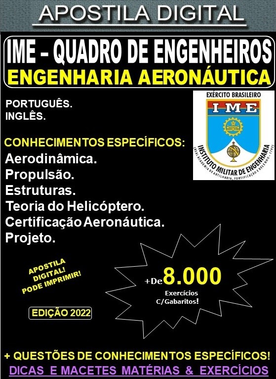 APOSTILA IME - QUADRO de ENGENHEIROS - ENGENHARIA AERONÁUTICA - Teoria + 8.000 Exercícios - Concurso 2023