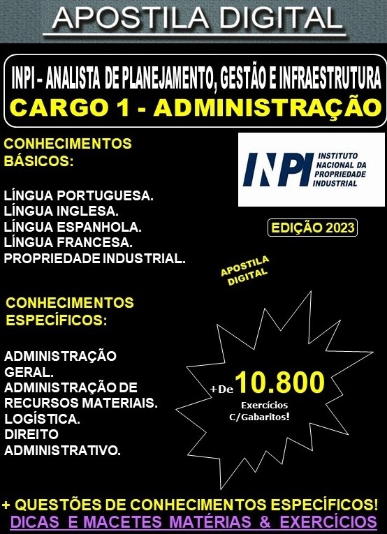 Apostila INPI Cargo 1 - Analista de Planejamento - ADMINISTRAÇÃO - Teoria + 10.800 Exercícios - Concurso 2023