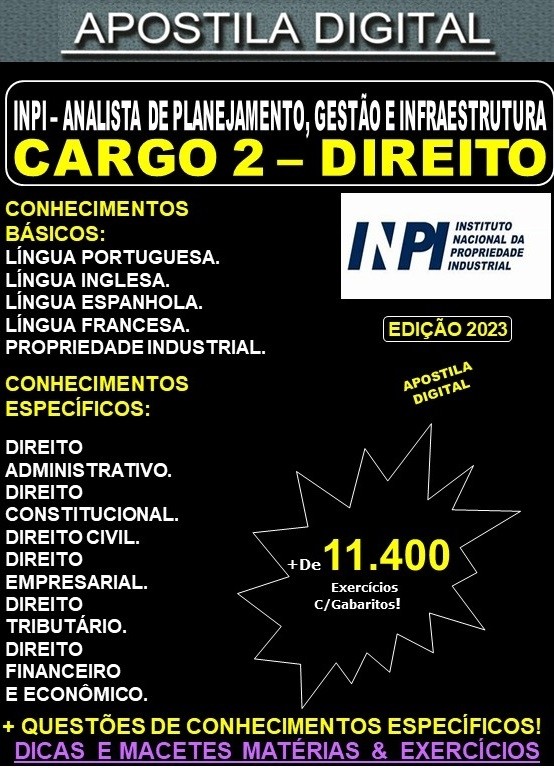 Apostila INPI Cargo 2 - Analista de Planejamento - DIREITO - Teoria + 11.400 Exercícios - Concurso 2023
