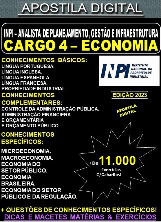 Apostila INPI Cargo 4 - Analista de Planejamento - ECONOMIA - Teoria + 11.000 Exercícios - Concurso 2023
