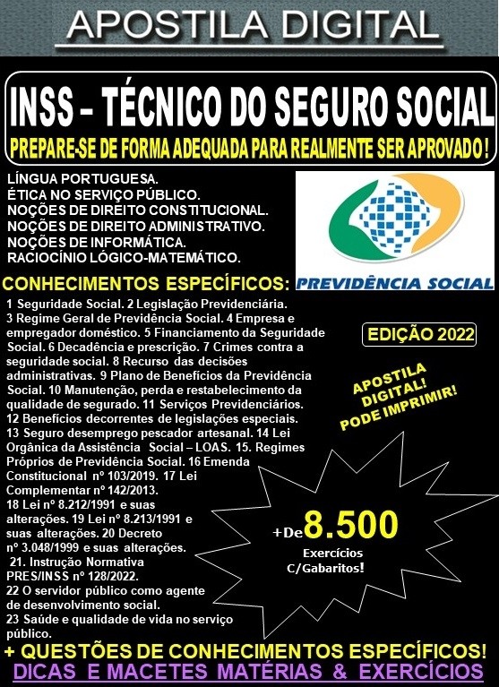 Apostila INSS - TÉCNICO do SEGURO SOCIAL - Teoria + 8.500 Exercícios - Concurso 2022