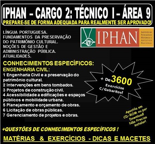 Apostila IPHAN - Cargo 2: TÉCNICO I - ÁREA 9 - ENGENHARIA CIVIL - Teoria + 3.600 Exercícios - Concurso 2018