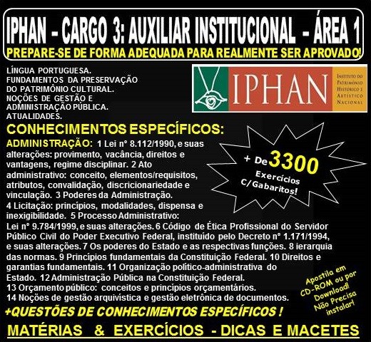 Apostila IPHAN - Cargo 3: AUXILIAR INSTITUCIONAL - ÁREA 1 - ADMINISTRAÇÃO - Teoria + 3.300 Exercícios - Concurso 2018