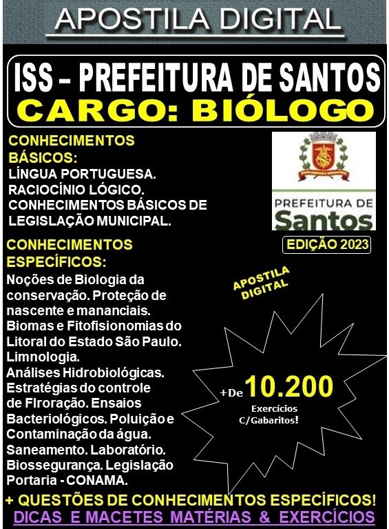Apostila ISS Prefeitura de Santos - BIÓLOGO - Teoria +10.200 Exercícios - Concurso 2023