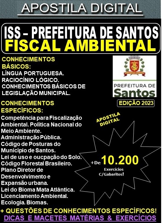 Apostila ISS Prefeitura de Santos  - FISCAL AMBIENTAL - Teoria + 10.200 exercícios - Concurso 2023