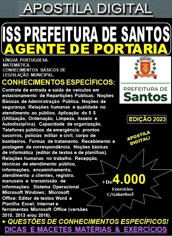 Apostila ISS Prefeitura de Santos - AGENTE de PORTARIA - Teoria +4.000 Exercícios - Concurso 2023