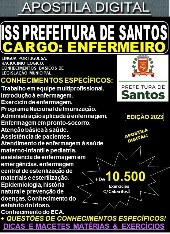 Apostila Prefeitura Municipal de Santos SP - ENFERMEIRO -Teoria + 10.500 exercícios - Concurso 2023
