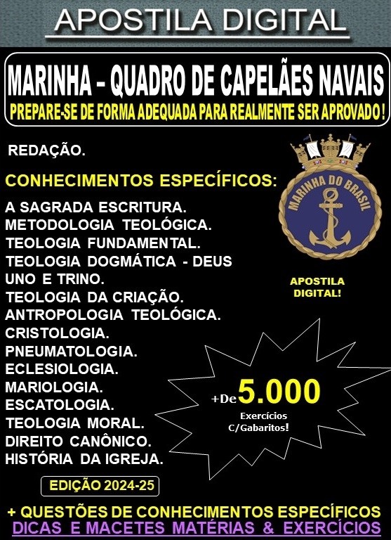 Apostila MARINHA - QUADRO de CAPELÃES NAVAIS - Teoria + 5.000 Exercícios - Concurso 2024-25