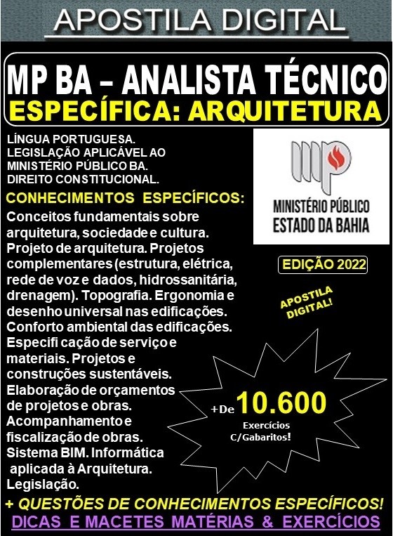 Apostila MP BA - ANALISTA TÉCNICO - ARQUITETURA - Teoria + 10.600 Exercícios - Concurso 2022