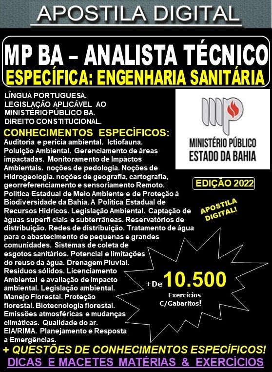 Apostila MP BA - ANALISTA TÉCNICO - ENGENHARIA SANITÁRIA, ENGENHARIA AMBIENTAL, ENGENHARIA FLORESTAL OU CIÊNCIAS BIOLÓGICAS - Teoria + 10.500 Exercícios - Concurso 2022