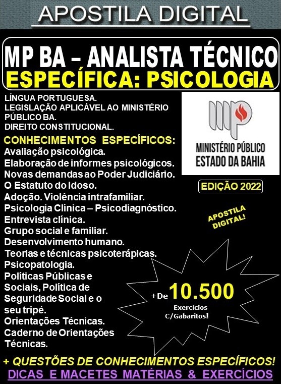 Apostila MP BA - ANALISTA TÉCNICO - PSICOLOGIA - Teoria + 10.500 Exercícios - Concurso 2022