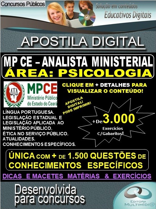 Apostila MP CE - ANALISTA MINISTERIAL - Área: PSICOLOGIA - Teoria + 3.000 exercícios - Concurso 2020