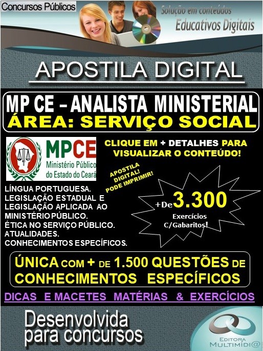 Apostila MP CE - ANALISTA MINISTERIAL - Área: SERVIÇO SOCIAL - Teoria + 3.300 exercícios - Concurso 2020