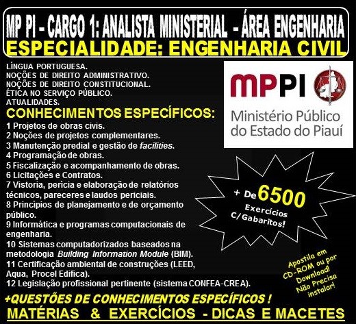 Apostila MP PI - Cargo 1: Analista Ministerial - Área ENGENHARIA - Especialidade: ENGENHARIA CIVIL- Teoria + 6.500 Exercícios - Concurso 2018