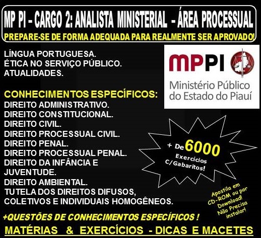 Apostila MP PI - Cargo 2: Analista Ministerial - Área PROCESSUAL - Teoria + 6.000 Exercícios - Concurso 2018