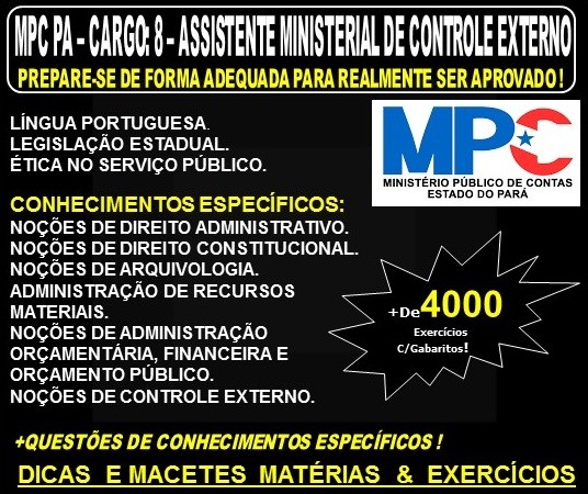 Apostila MPC PA - CARGO: 8 - ASSISTENTE MINISTERIAL de CONTROLE EXTERNO - Teoria + 4.000 Exercícios - Concurso 2019