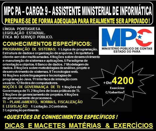 Apostila MPC PA - CARGO: 9 - ASSISTENTE MINISTERIAL de INFORMÁTICA - Teoria + 4.200 Exercícios - Concurso 2019