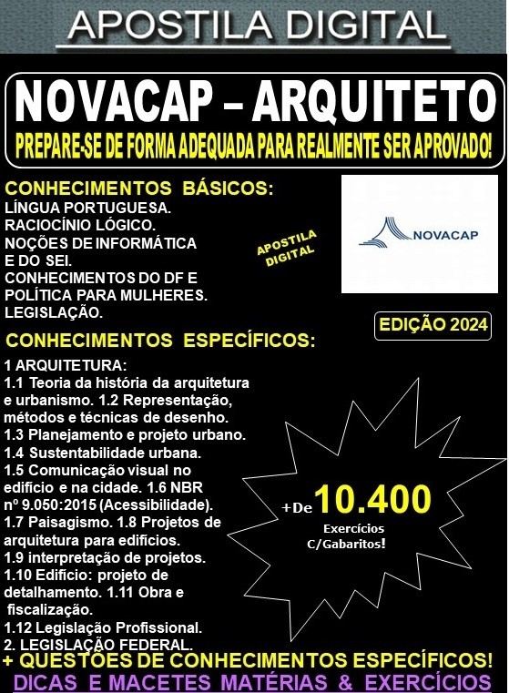 Apostila NOVACAP - ARQUITETO - Teoria + 10.400 Exercícios - Concurso 2024