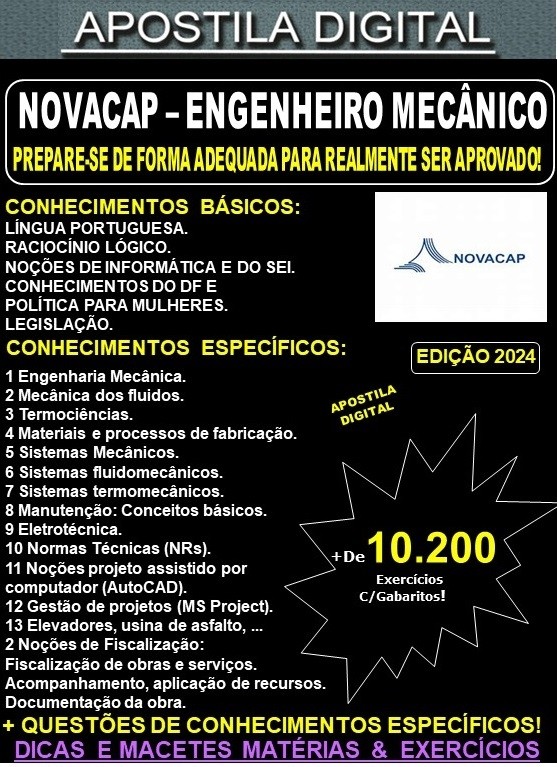 Apostila NOVACAP - ENGº MECÂNICO - Teoria + 10.200 Exercícios - Concurso 2024