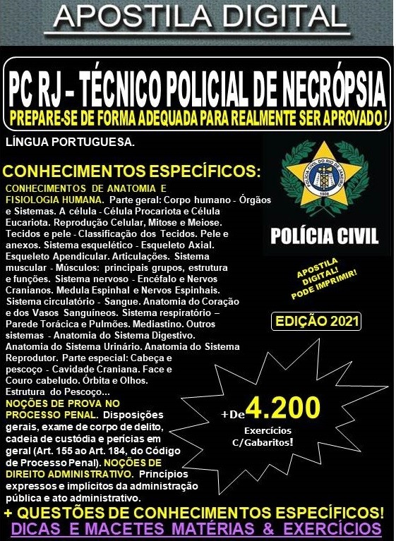Apostila PC RJ - TÉCNICO POLICIAL DE NECRÓPSIA  - Teoria + 4.200 Exercícios - Concurso 2021