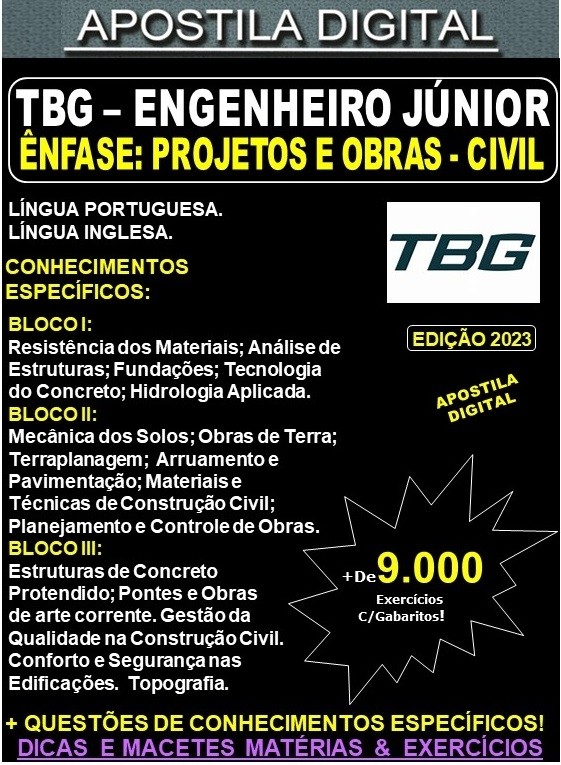 Apostila TBG - Engenheiro Jr. - PROJETOS e OBRAS CIVIL - Teoria + 9.000 Exercícios - Concurso 2023