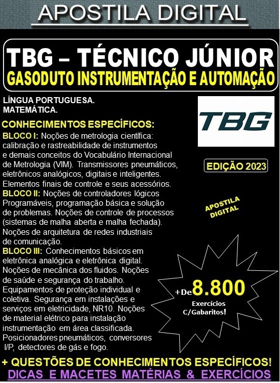 Apostila TBG - Técnico Jr. Gasoduto - INSTRUMENTAÇÃO e AUTOMAÇÃO - Teoria + 8.800 Exercícios - Concurso 2023