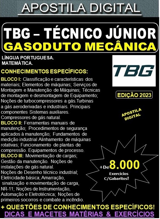 Apostila TBG - Técnico Jr. Gasoduto - MECÂNICA - Teoria + 8.000 Exercícios - Concurso 2023