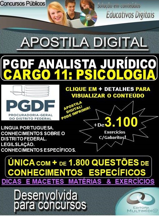 Apostila PGDF ANALISTA JURÍDICO - CARGO 11: PSICOLOGIA - Teoria + 3.100 exercícios - Concurso 2020