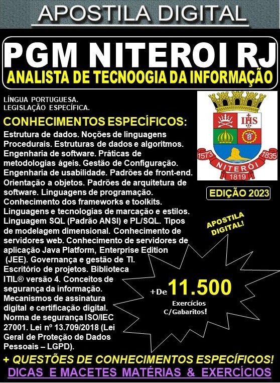 Apostila PGM NITEROI RJ - ANALISTA de TECNOLOGIA da INFORMAÇÃO - Teoria + 11.500 Exercícios - Concurso 2023