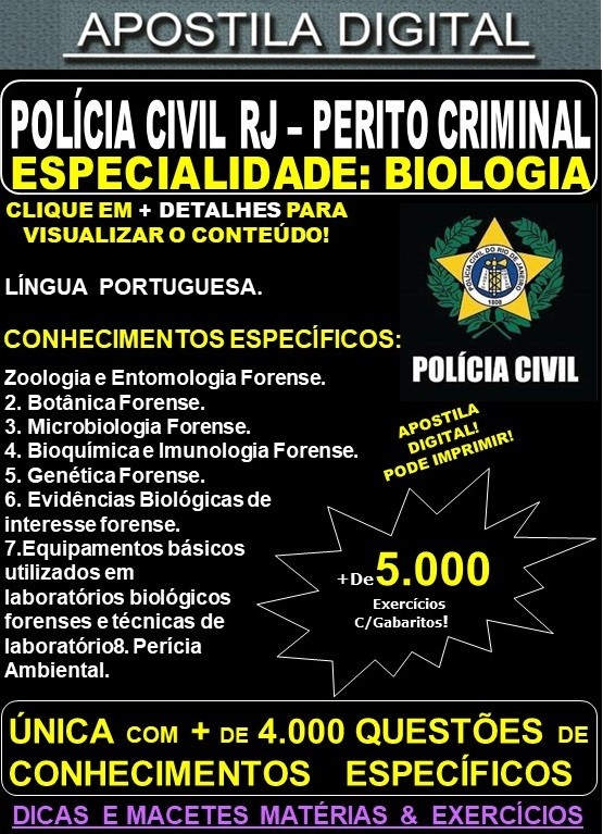 Apostila PC RJ - Perito Criminal BIOLOGIA - Teoria + 5.000 Exercícios - Concurso 2021 - APOSTILA PREPARATÓRIA