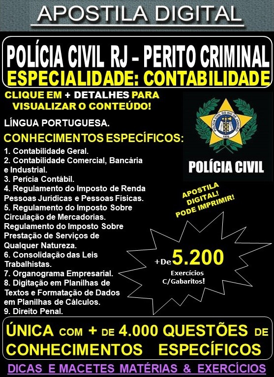 Apostila PC RJ - Perito Criminal CONTABILIDADE  - Teoria + 5.200 Exercícios - Concurso 2021 - APOSTILA PREPARATÓRIA