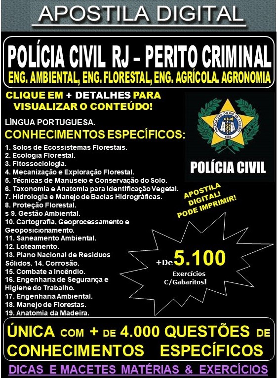 Apostila PC RJ - Perito Criminal ENGª AMBIENTAL - ENGª FLORESTAL - ENGª AGRÍCOLA - AGRONOMIA  - Teoria + 5.100 Exercícios - Concurso 2021 - APOSTILA PREPARATÓRIA