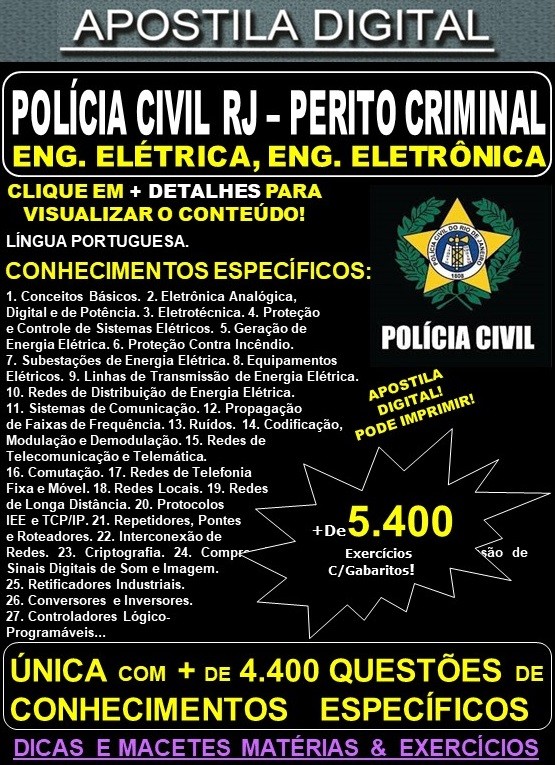 Apostila PC RJ - Perito Criminal ENGENHARIA ELÉTRICA - ENGENHARIA ELETRÔNICA  - Teoria + 5.400 Exercícios - Concurso 2021 - APOSTILA PREPARATÓRIA