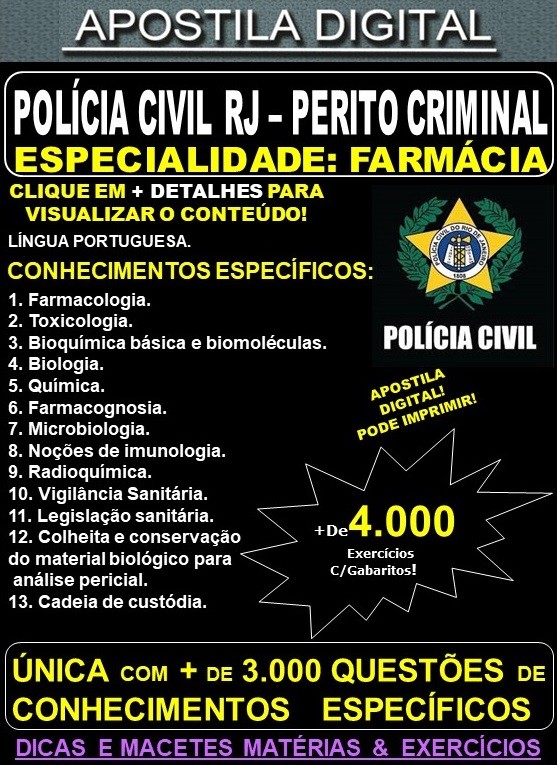 Apostila PC RJ - Perito Criminal FARMÁCIA  - Teoria + 4.000 Exercícios - Concurso 2021 - APOSTILA PREPARATÓRIA