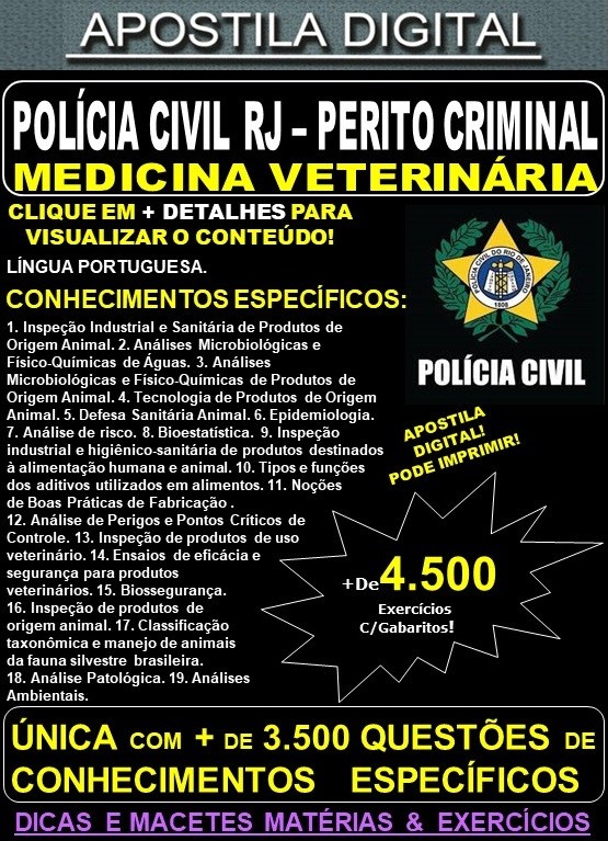 Apostila PC RJ - Perito Criminal MEDICINA VETERINÁRIA  - Teoria + 4.500 Exercícios - Concurso 2021 - APOSTILA PREPARATÓRIA