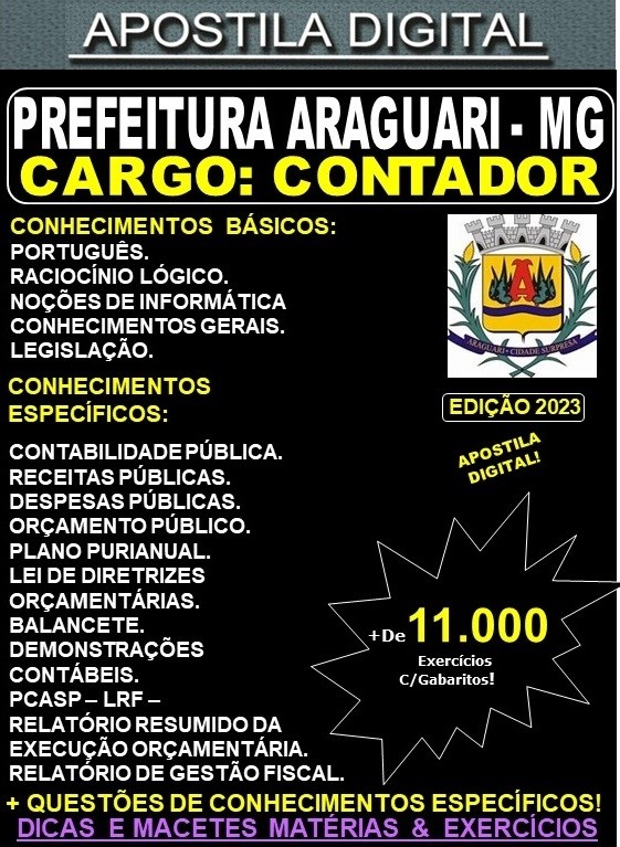 Apostila Prefeitura de Araguari - CONTADOR - Teoria + 11.000 Exercícios - Concurso 2023