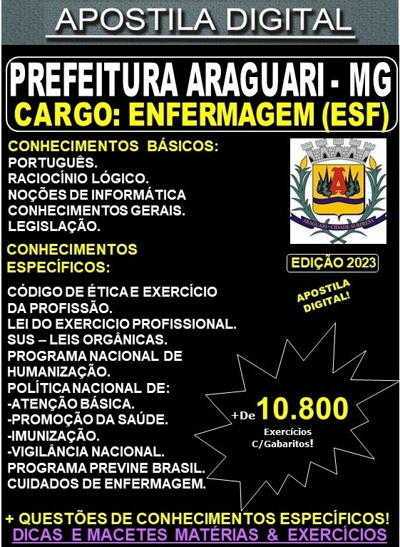 Apostila Prefeitura de Araguari - ENFERMAGEM (ESF) - Teoria + 10.800 Exercícios - Concurso 2023